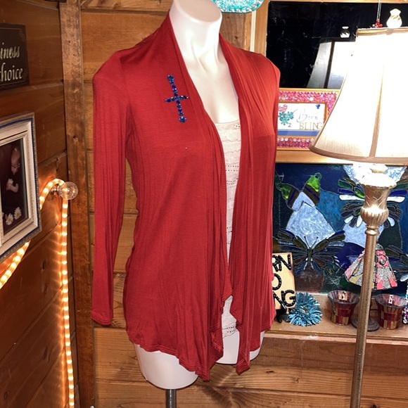 COPPER/RUST open cardigan crystal cross detail 3/4 sleeve tailored back NWT - Picture 5 of 7